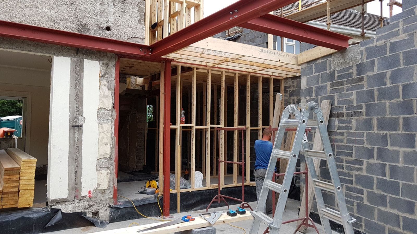 Structural steel frame and timber studwork during the build